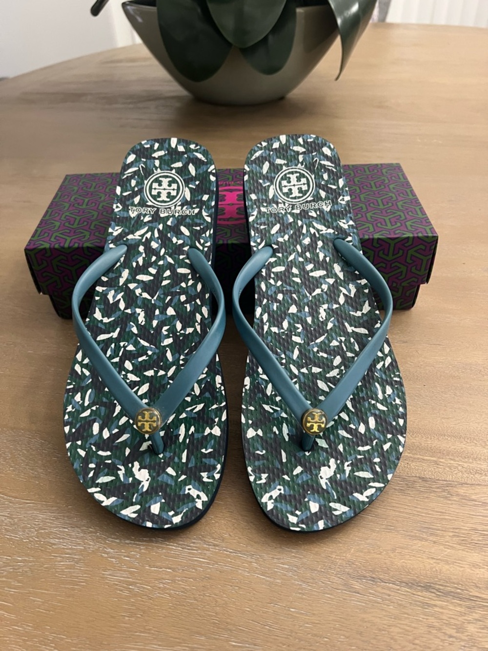Tory Burch Teal Patterned Logo Flip Flops
